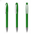 A green plastic pen with a transparent body and a silver clip, displayed from three different angles.