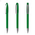 A set of green plastic pens showcasing different angles, featuring a clip and a silver-toned tip.