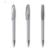 A plastic pen in grey with a silver clip and detailing, featuring a smooth, sleek design.