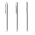 A set of three white plastic pens with clips, featuring a logo on one pen.