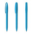 Three blue plastic pens displayed from different angles, featuring a sleek design and a branding logo.