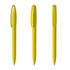A yellow plastic pen displayed from three angles, featuring a logo on the body.