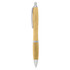 A wooden pen with a bamboo finish and silver accents, featuring a clip and a smooth writing tip.