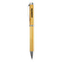 A bamboo pen with a metallic tip and clip, featuring a logo on the barrel.
