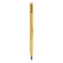 A bamboo pencil with a grey lead tip, featuring a sleek design and a branding logo.