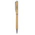A bamboo pen with a silver clip and accents, featuring a logo on its barrel.
