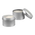 A silver tin containing bath salts, with one lid off to reveal the contents inside.