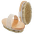 A wood body brush featuring a wooden base, natural bristles, and a fabric grip strap.