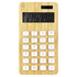 A bamboo calculator featuring a wooden texture and white buttons, with a digital display at the top.