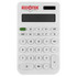 A white calculator with a digital display and numerous buttons, featuring a branding logo at the top.