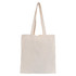 A plain natural-coloured tote bag with two handles and no gusset, featuring a logo on one side.