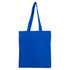 A blue tote bag with two handles and no gusset, featuring a simple design and a logo.