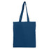 A blue tote bag with double handles and no gusset, featuring a logo on one side.
