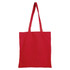 A red tote bag with long handles and no gusset, featuring a logo.