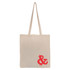 A beige tote bag with long handles featuring a red logo.