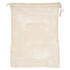 A reusable mesh produce bag in cream colour with a plain patch and drawstring closure. Features a logo.