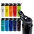 A drink bottle collection in various colors, featuring a black cap with a free flow lid and branding.