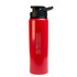 A drink bottle in bright red with a black free flow lid and a logo on the side.