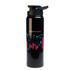 A drink bottle in black with a free flow lid and a colorful design featuring geometric shapes.