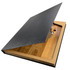 A wooden cheeseboard with a knife, presented in a stylish black case.