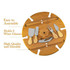 A round wooden table in natural colour with compartments for six wine glasses and various cheese knives. It features a branding logo.