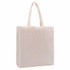 A beige calico tote bag with gussets and matching handles. It features a logo on one side.