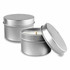 Two silver tin candles with lids, one slightly open to reveal a white candle inside.