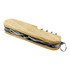 A wooden compact knife with multiple stainless steel tools and a keyring attachment.
