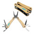 A compact multi-tool with wooden handles, featuring pliers, blades, and various tools. Includes a logo.
