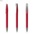 A red plastic pen with a silver clip, featuring a sleek and simple design, shown from multiple angles.
