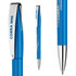 A blue plastic pen with a silver clip and branding on the side. Features a sleek design and glossy finish.