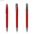A red plastic pen featuring a sleek design and a silver clip, shown from multiple angles.