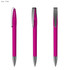A pink plastic pen with a sleek design and a metallic clip, featuring a shiny silver tip.