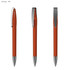 An orange plastic pen with a silver clip and a smooth, glossy finish. It features a branded logo.