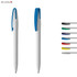 A plastic pen in grey with a blue clip, alongside a selection of ink colours: black, blue, green, red, purple, and yellow.