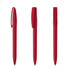 Three red plastic pens arranged in different positions, each featuring a clip and a smooth finish.