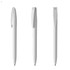 A set of three white plastic pens with clips, featuring a minimalist design and a logo on one pen.