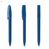 A blue transparent plastic pen featuring a clip and a retractable design, with a logo on the side.