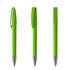 A set of three bright green metal pens with a silver tip and a built-in clip. Each pen has a distinctive design.