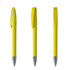 A metal pen with a bright yellow body and a silver tip, featuring a clip and a branding logo.