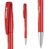 A metal pen in bright red with a silver tip and clip, featuring a logo.