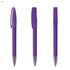 A set of three purple plastic pens with a transparent body and clip, featuring silver tips. Each pen has a logo.