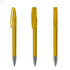 A transparent yellow plastic pen with a silver tip and clip, featuring a simple design and a logo.
