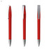 A red metal pen with a shiny silver clip and detailing, displayed from three different angles.