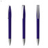 A sleek blue metal pen with a shiny silver clip, displayed from three angles. The pen has a modern design and finish.