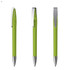 A green metal pen with a silver clip is displayed from three angles, showcasing its sleek design.