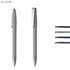 A metal pen with a soft grey grip and chrome accents, displayed alongside three refill options in different shades.