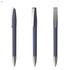 A set of three metal pens with a soft grip in a dark blue finish and silver accents, featuring a branding logo.