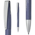 A metallic pen with a soft grip in a blue colour, featuring a sleek silver clip and logo branding.