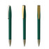 A metal pen in green with gold accents, featuring a sleek design and a clip. It has a logo on the barrel.
